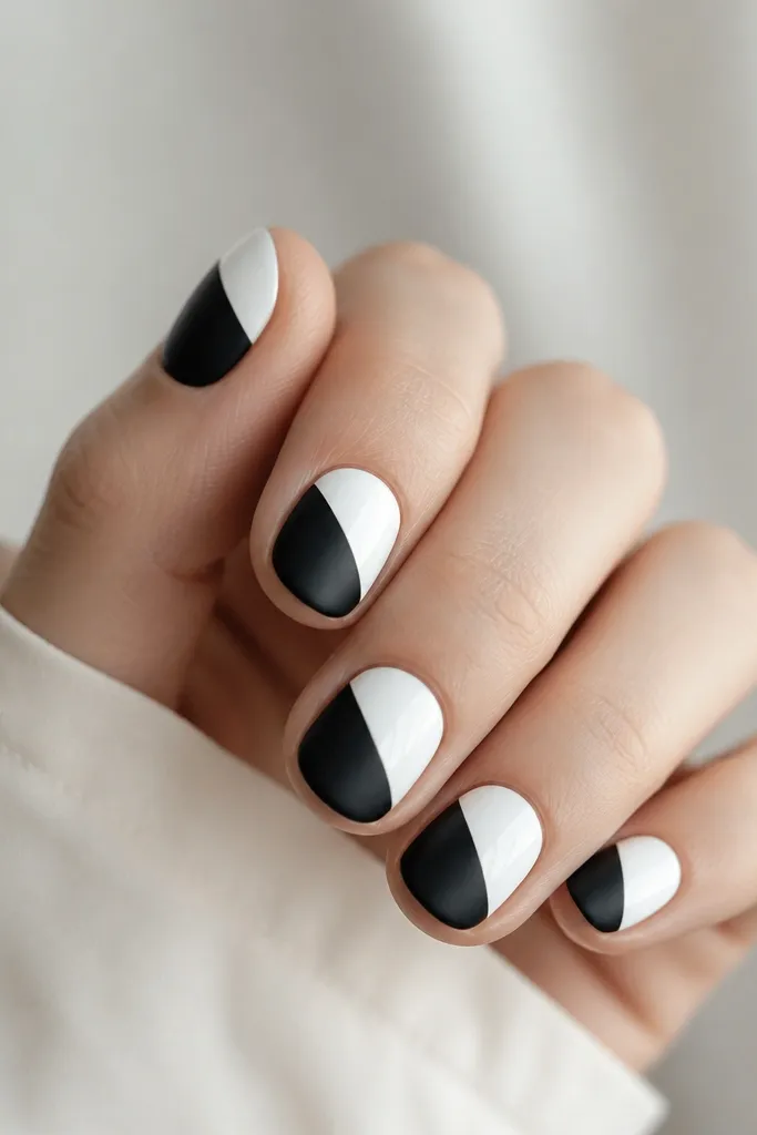 Short nails with a diagonal split: lower-left is matte black, upper-right is glossy white. The diagonal edge is sharp and straight, like a cut. Each nail has the same direction.