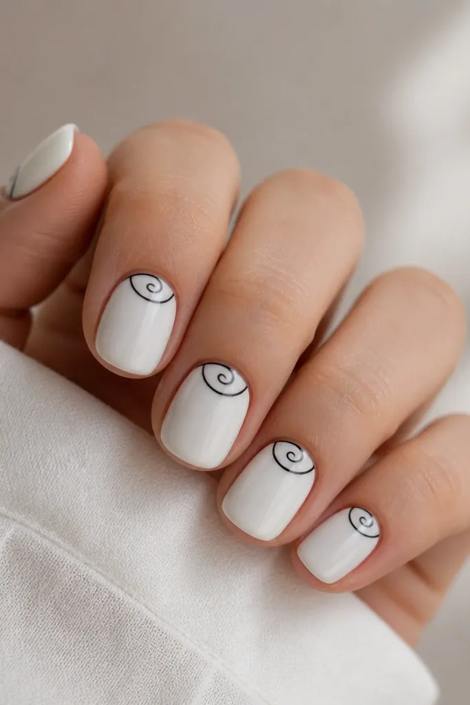 Short nails with white base. Each nail has a black half-moon near the cuticle, and inside the half-moon is a thin swirl line that curves like a quick comma. The swirl is black, the rest stays white.