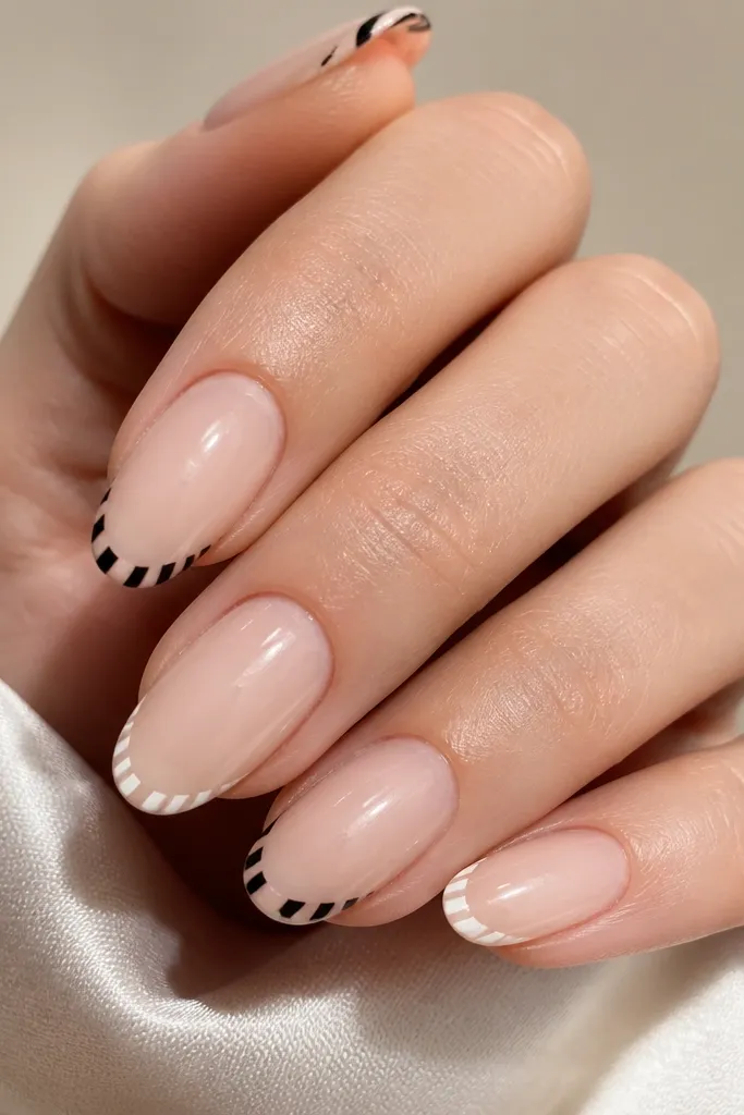 Short nails with nude base. Tips have a super-thin black french line. Right next to it is a thinner white line, slightly separated, creating a double micro-french at the tip.