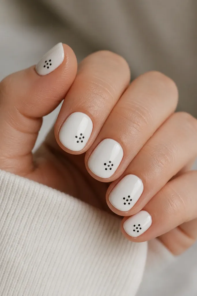 Short nails painted solid glossy white. Each nail has a cluster of 4-6 tiny black dots near the center, slightly off to one side. Dots are crisp circles, evenly spaced.