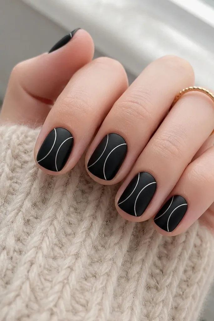 Short nails with matte black base. Two white curved lines form a bow shape near the center, and the middle stays black (negative space). The bow lines are thin and clean.