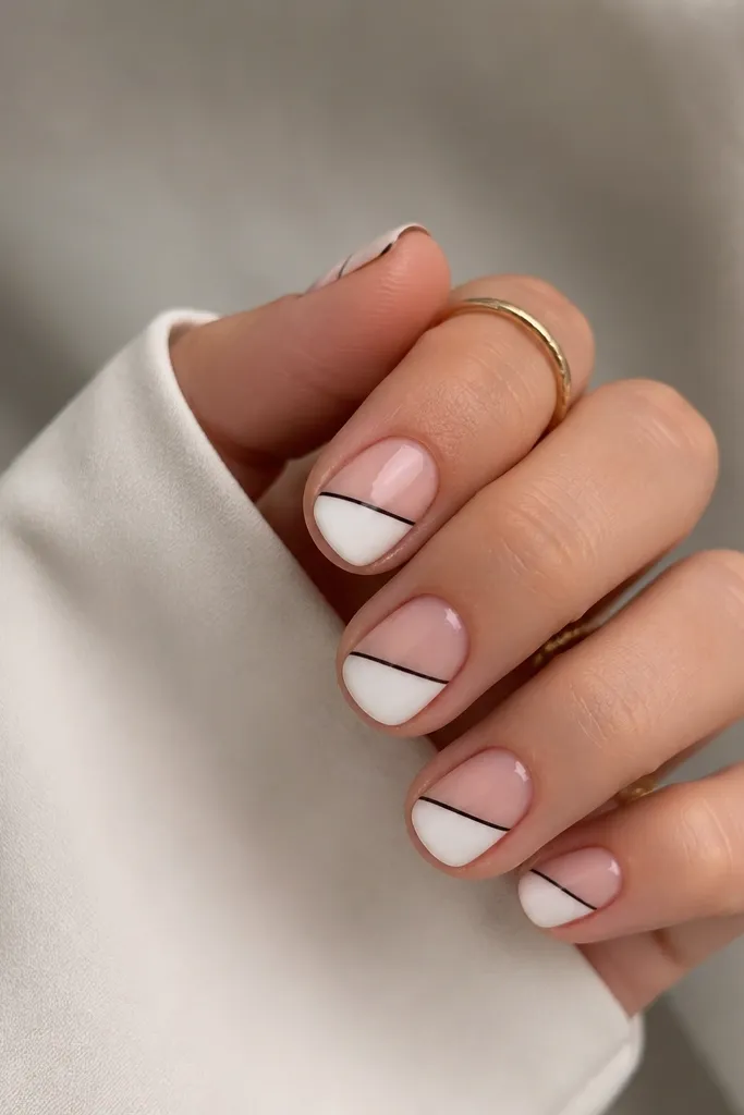 Short nails with a light sheer base. Each nail is divided by a white diagonal shape, outlined with a thin black border. The black outline follows the diagonal edges like a sticker.