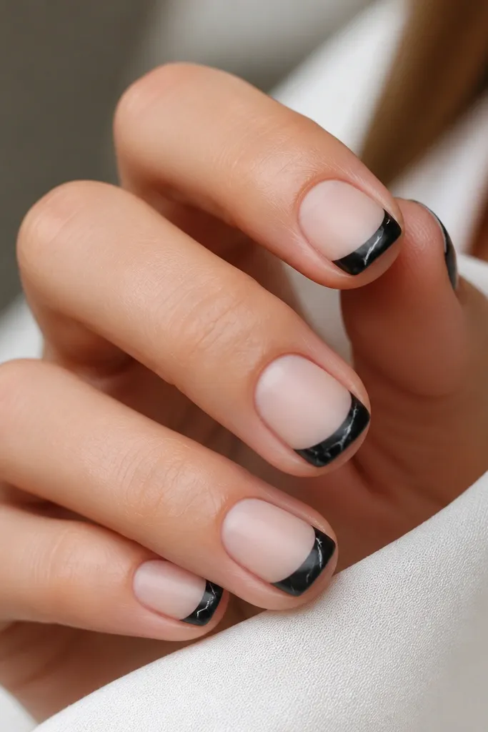 Short nails with nude base. Tips are matte black. On top of the black tips, there are thin white "marble" veins - a few irregular lines that branch slightly, not full swirls.