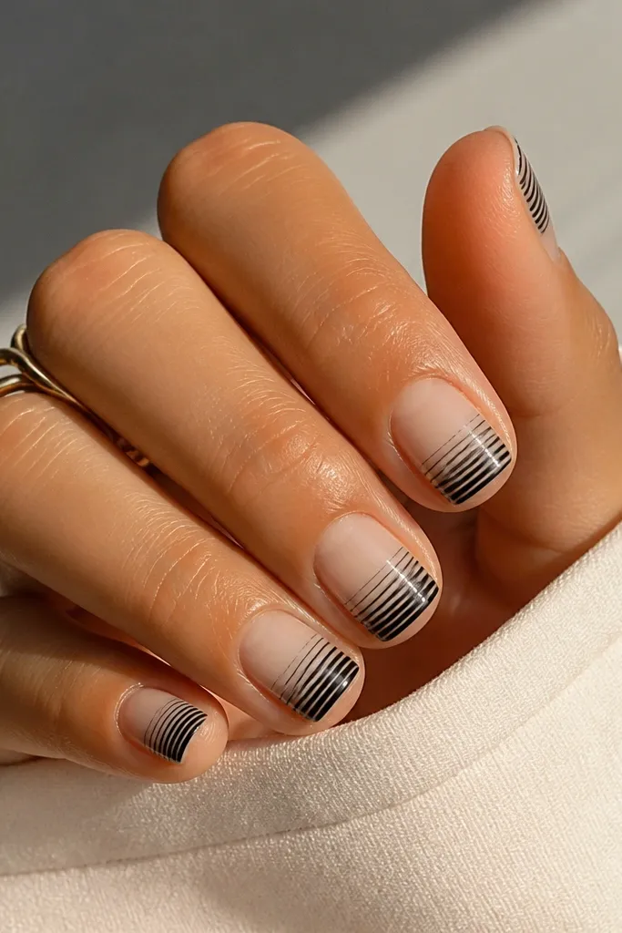 Short nails with nude base. The tips fade from white at the very edge to black closer to the nail center, with thin horizontal stripes layered across the fade. The stripes are evenly spaced.