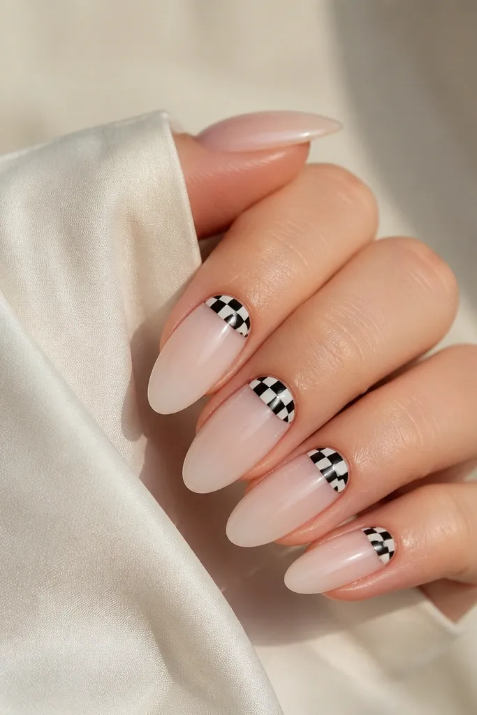 Short nails with white base. A black half-moon sits at the cuticle. Inside that half-moon is a tiny 2x2 or 3x3 checker pattern alternating black and white squares.