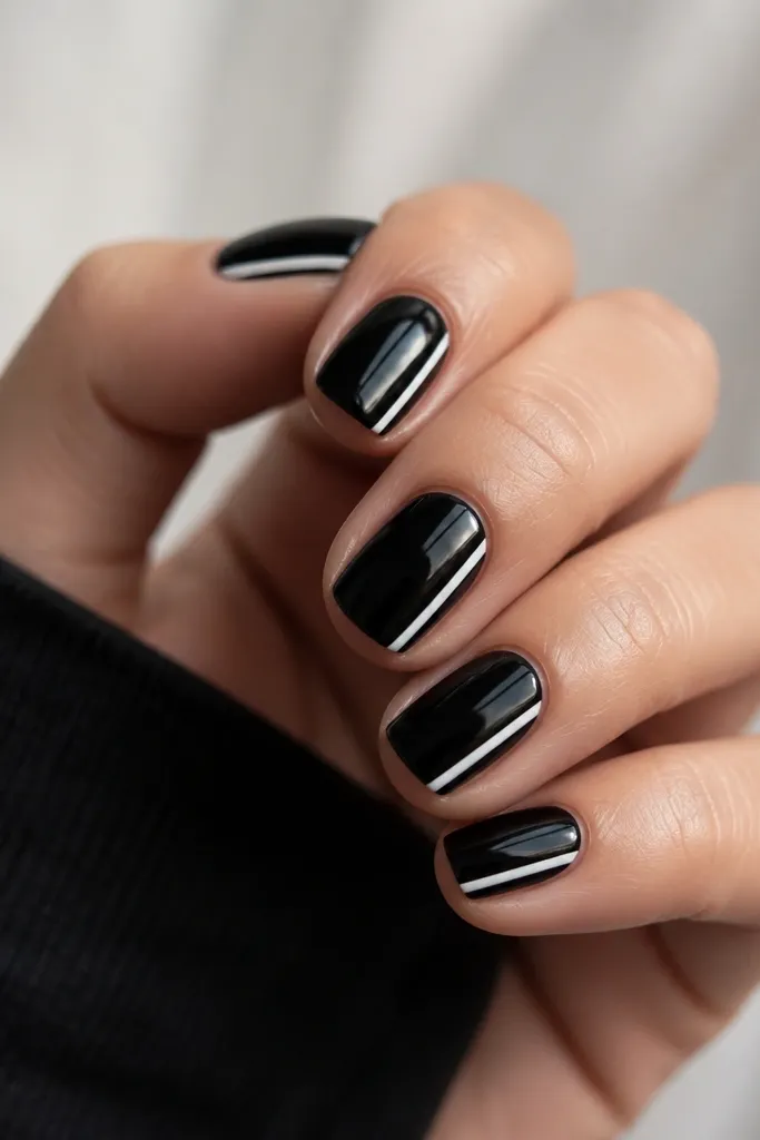 Short nails with solid glossy black. On each nail, a single white stripe runs from near cuticle down the side edge toward the tip, leaving most of the nail black.