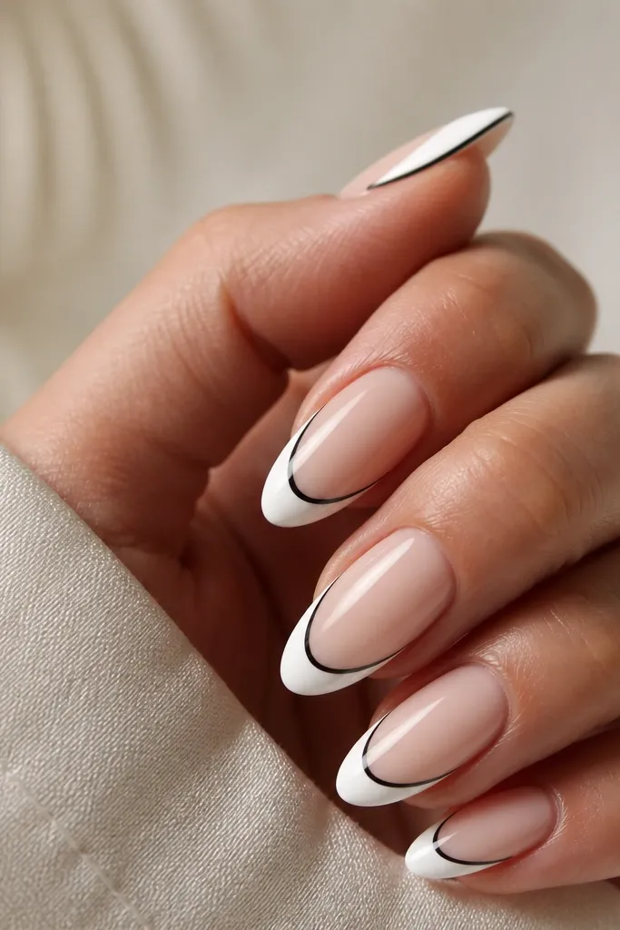 Short nails with nude base. Tips are white, but the smile line is outlined with a thin black stroke. The white fill is smooth and glossy.