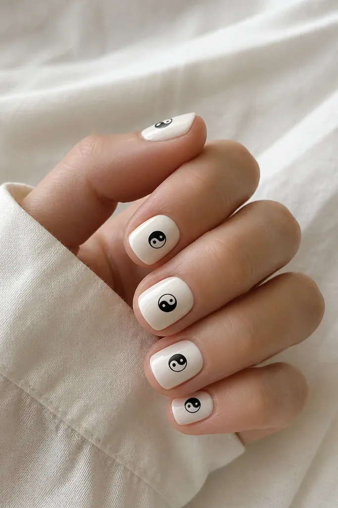 Short nails with white base. Each nail has a small black yin-yang symbol centered, with a tiny white dot inside the black half and a tiny black dot inside the white half. The symbol is about the size of a pea.