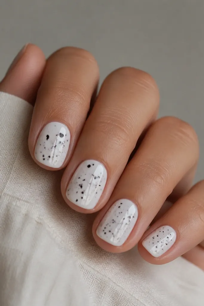 Short nails with glossy white base. Black splatter dots and tiny streaks scatter across the nail, concentrated more in the center. The splatter edges look like paint flicks, not smeared blobs.