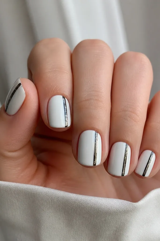 Short nails painted glossy white. One side of each nail has a thin vertical stripe of black foil-like chrome, running from cuticle to tip. The stripe is slightly textured, like real foil.