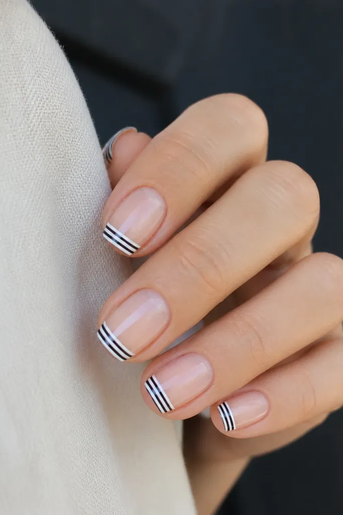 Short nails with nude base. Tips have alternating black and white thin stripes stacked like a ladder, with 4-5 stripes total. The stripes are straight and evenly spaced.