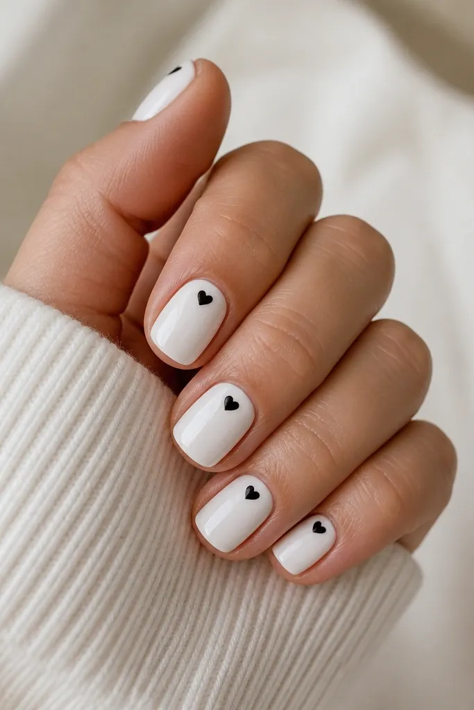 Short nails painted glossy white. Each nail has a tiny black heart placed just above the cuticle center, with the heart outline filled in black. The rest of the nail is plain white.