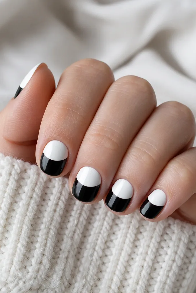 Short nails split into two colors with a curved smile line: top half near the tip is white, bottom half near cuticle is black. The curve is smooth and centered, not straight.