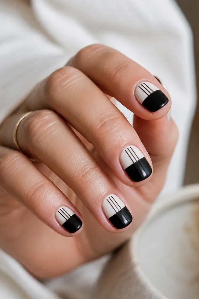 Short nails with a white half on the top and black half on the bottom. Across the white half, there are 3-4 thin black micro stripes running vertically from near the middle to the tip. Bottom half stays solid black.