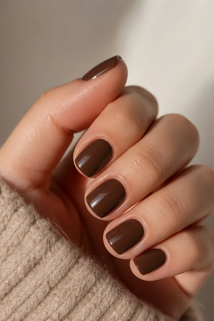 Hands with short squoval nails painted a deep chocolate cream brown, glossy topcoat, no nail art, clean cuticles.