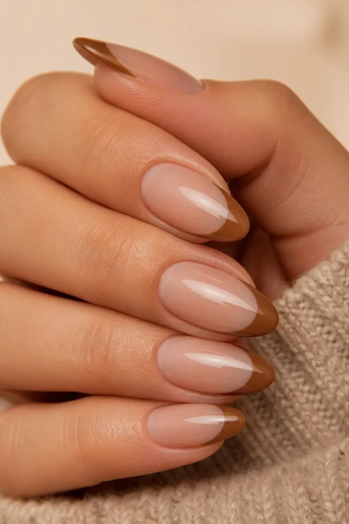 Nails with a nude beige-brown base, caramel French tips, glossy finish, thin smile line, clean cuticles.