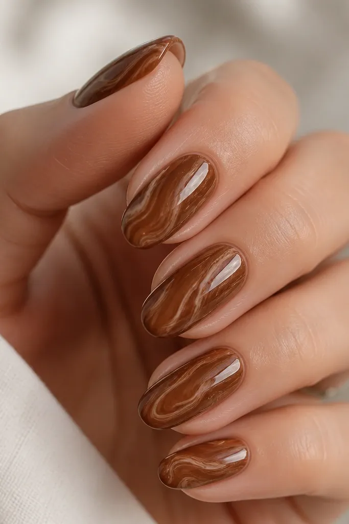 Glossy nails with a toffee brown base and thin marbled swirls in lighter caramel and a hint of warm beige, random organic pattern.