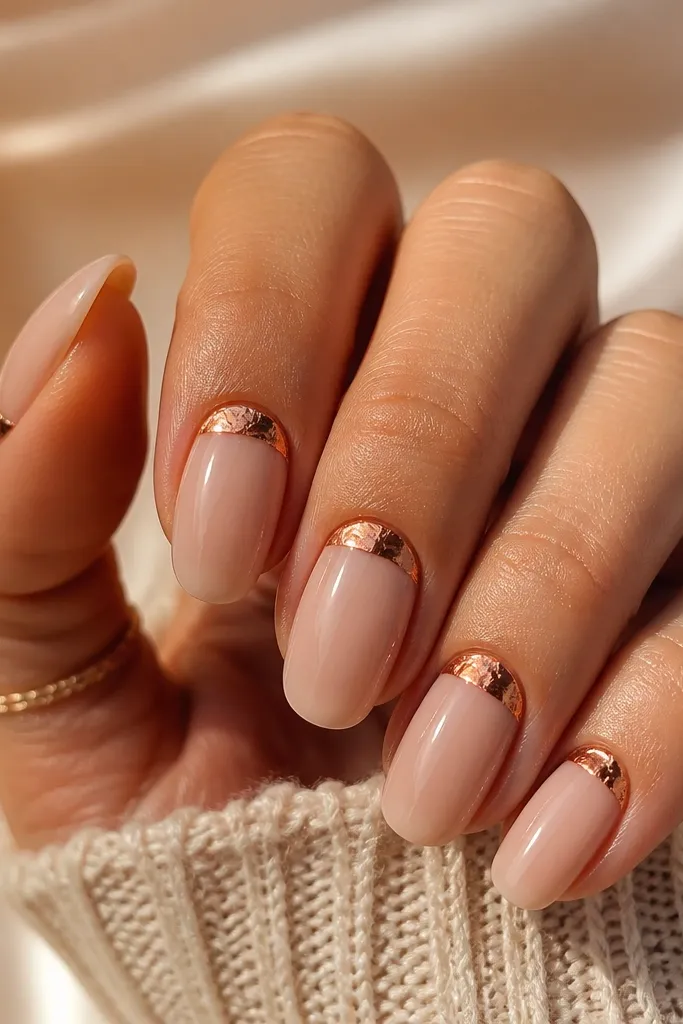 Nails with sheer nude base and copper foil half-moon shapes at the cuticle, glossy topcoat, foil edges slightly feathered.