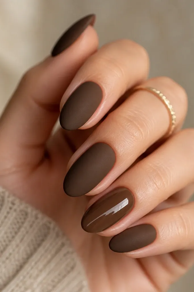 Matte mocha brown nails with one nail on each hand having a glossy thick dot accent near the center, velvety texture visible.