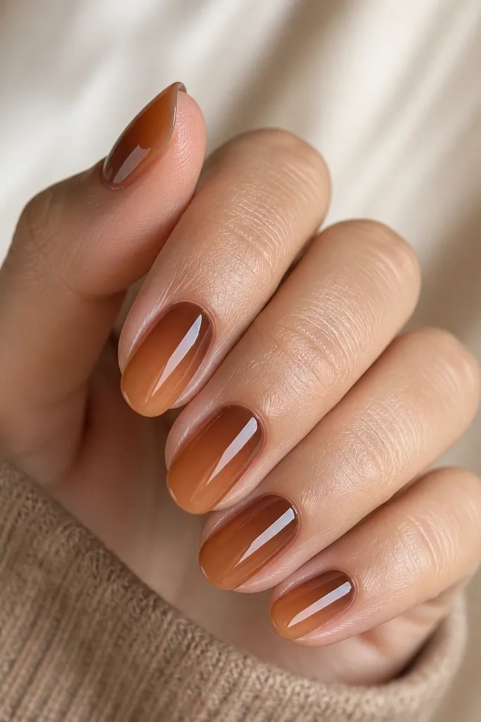 Nails with a dark terracotta-brown near the cuticle fading into lighter caramel at the tips, glossy finish, smooth gradient.