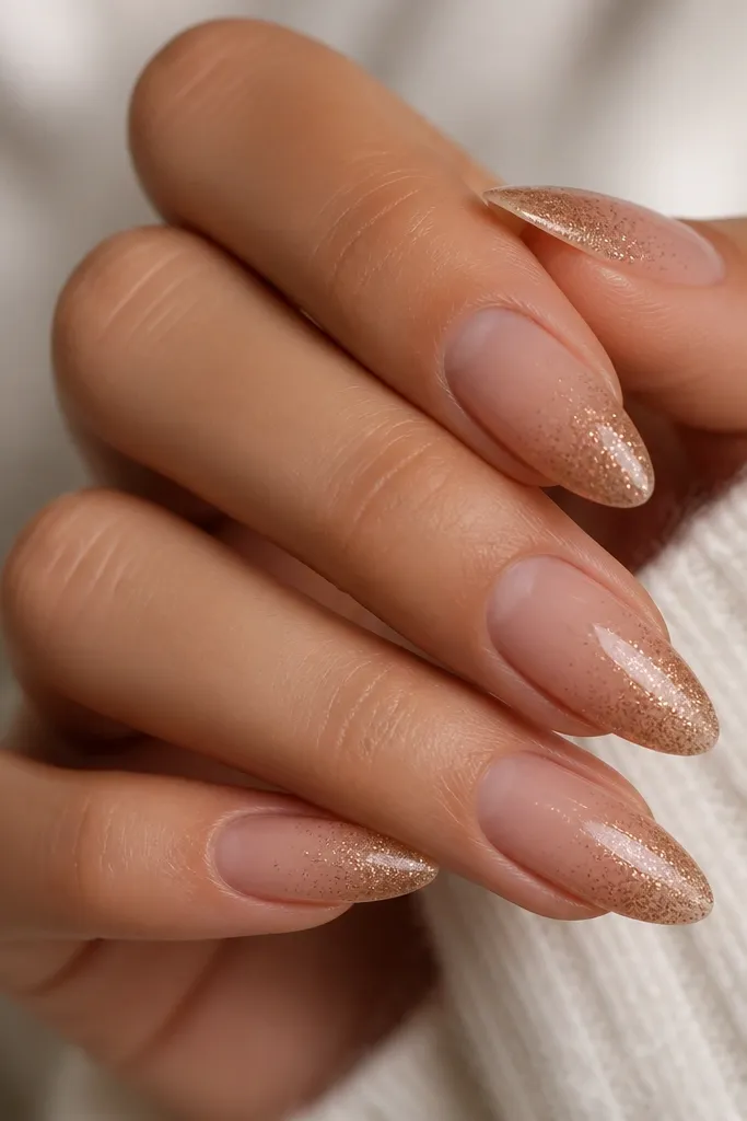 Sheer nude brown nails with micro gold-brown glitter concentrated near the tips and fading toward the cuticle, glossy finish.