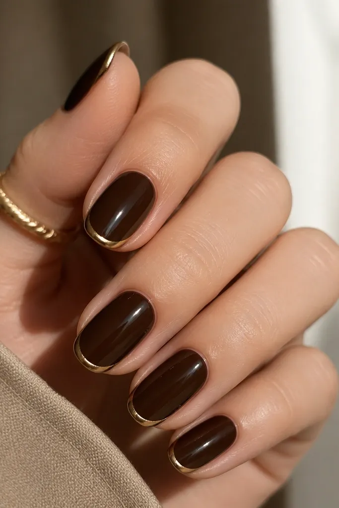 Deep espresso brown nails with a thin gold stripe tracing the French tip, glossy finish, minimal line design.