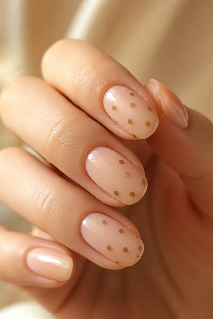 Sheer nude nails with small caramel-brown dots scattered evenly, one or two accent nails with slightly larger dots, glossy finish.
