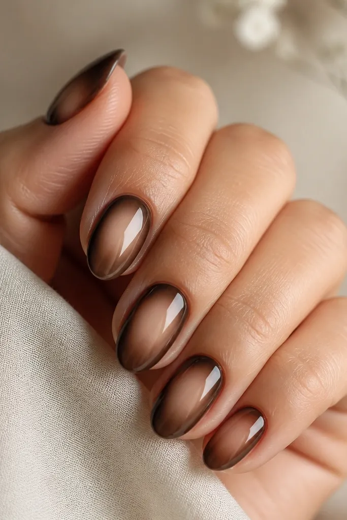 A soft smoky aura around the center of the nail: medium smoky brown radiating outward, darker edges, lighter center glow, glossy finish.