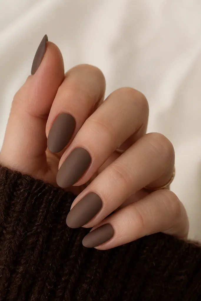 Matte dark brown nails with tiny "chip" texture speckles in slightly lighter cocoa, subtle speckled pattern, no heavy glitter.