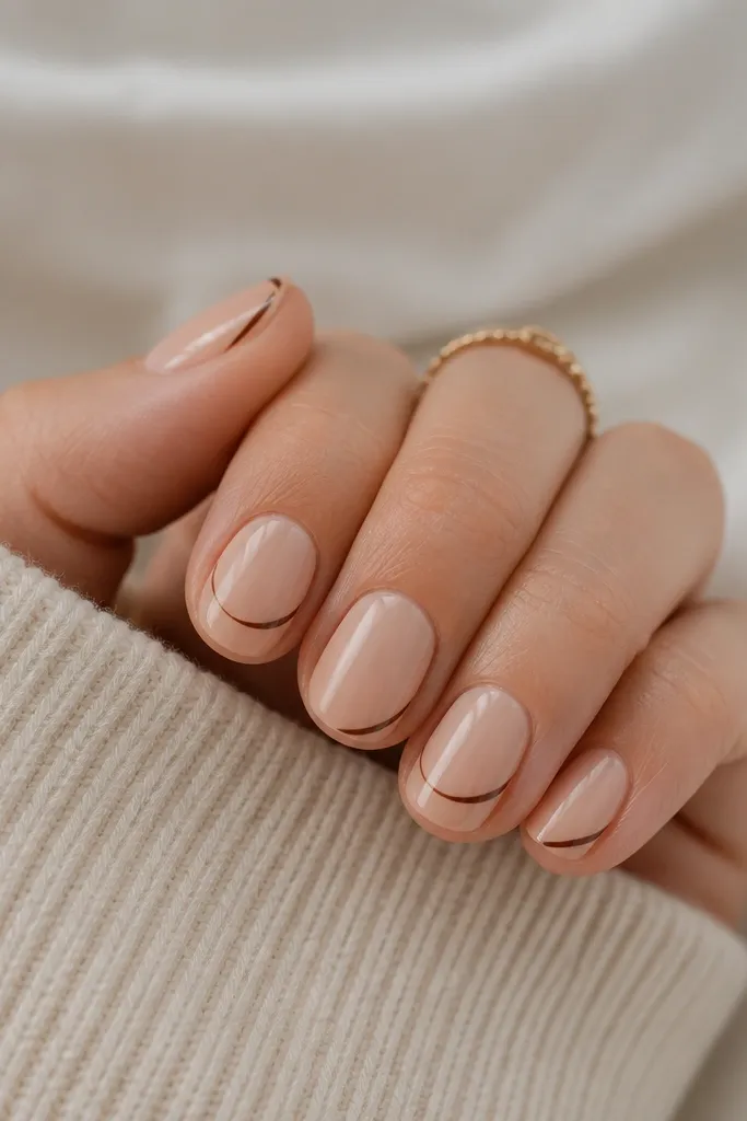 Short oval nails with a sheer nude base and thin brown line-art curves on the tips, glossy finish, minimal black-brown outline.