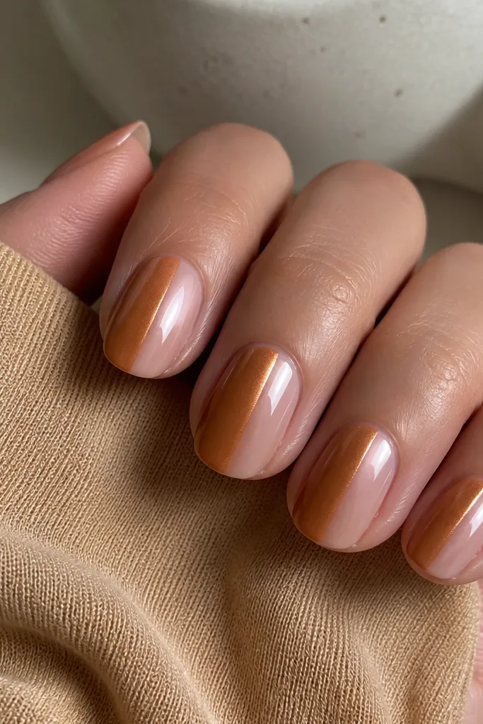 Glossy nails split vertically: left half is caramel chrome shimmer, right half is nude jelly, clean vertical line, mirror-like shine.