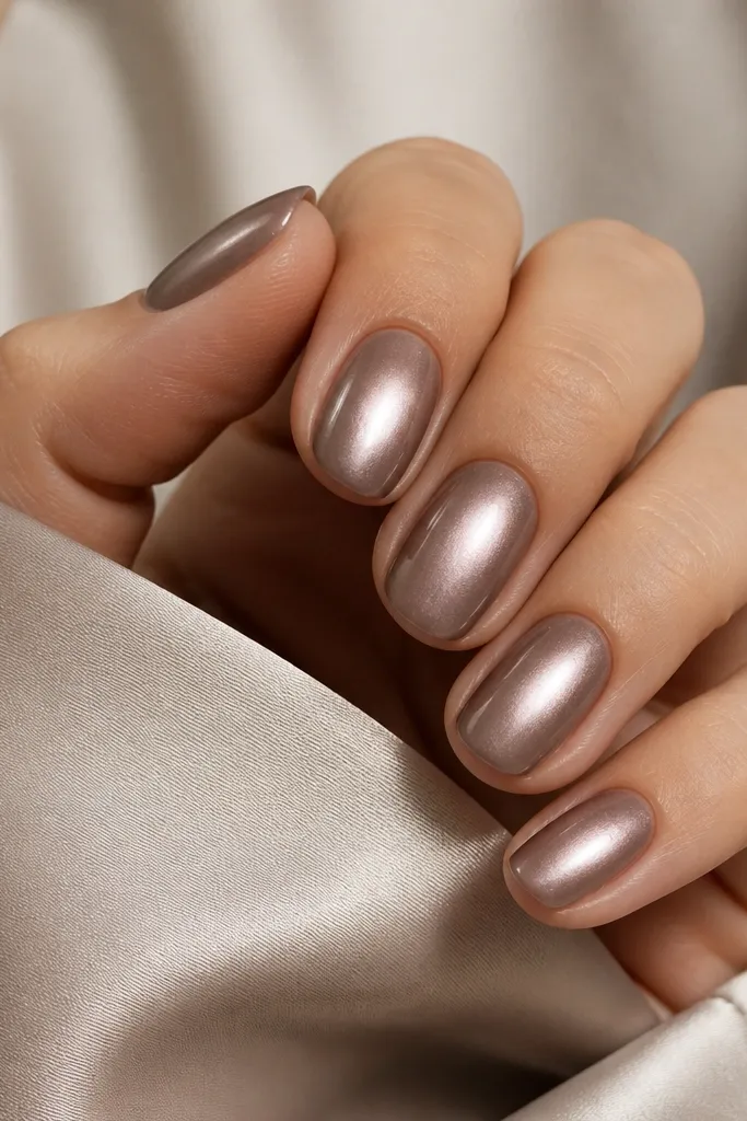 Satin taupe-brown nails with a soft pearly oval in the center of each nail, glossy-satin hybrid finish, pearly shimmer visible.