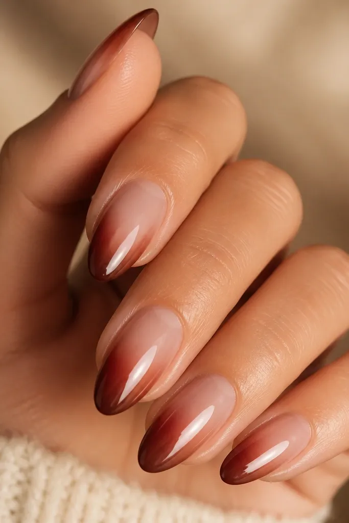 Nails with warm brown base fading into a deep berry tint at the tips, glossy finish, smooth blend, no harsh lines.