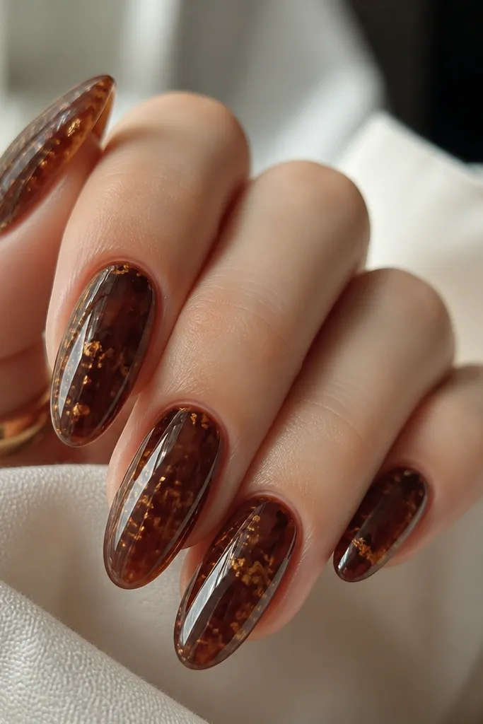 Dark brown jelly nails with suspended-looking gold flecks scattered inside, glossy glass finish, no thick glitter layer.
