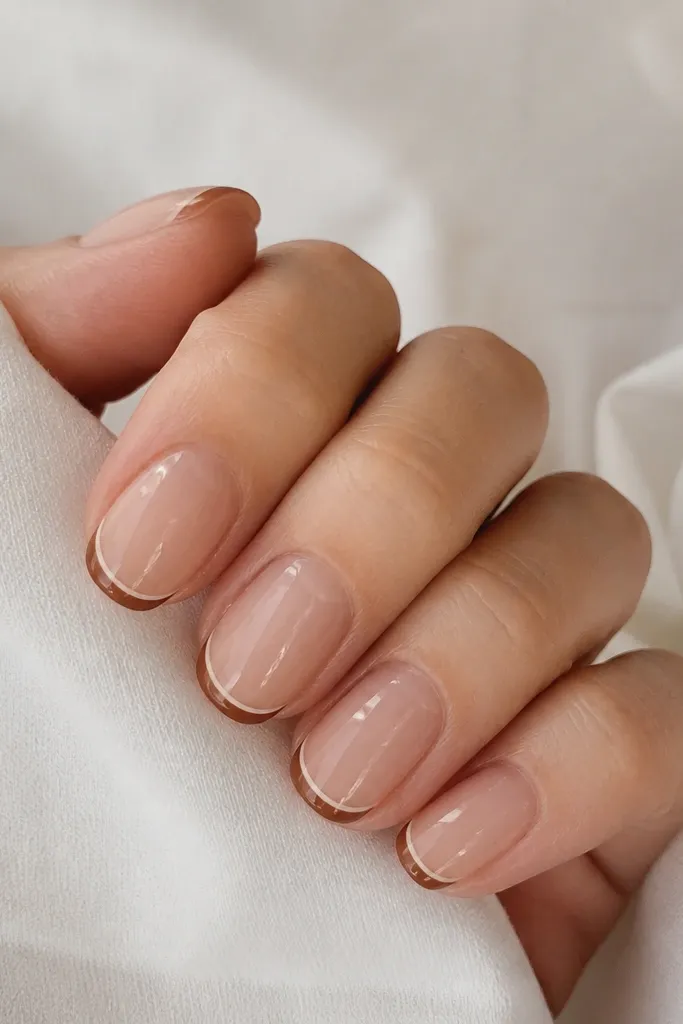 Nails with a sheer nude base, a thin warm brown micro French tip, and a tiny nude strip between the base and brown line, glossy finish.
