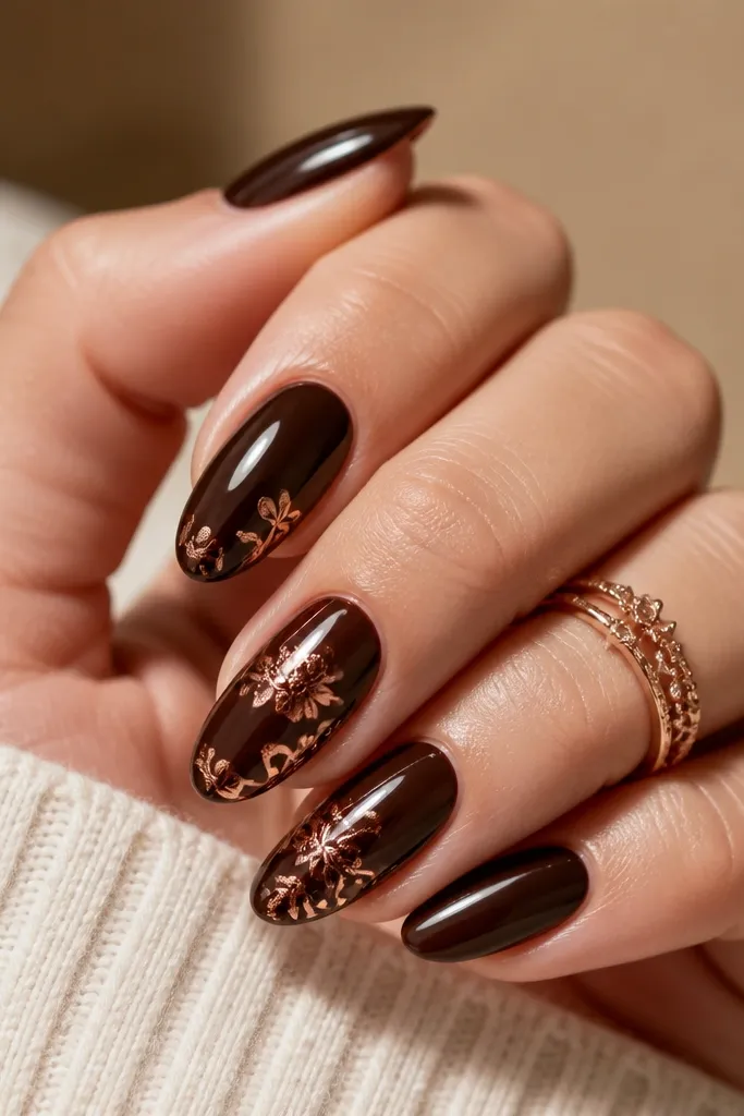 Glossy espresso brown nails with rose gold stamped filigree patterns on two nails per hand, crisp stamped lines, no smudges.