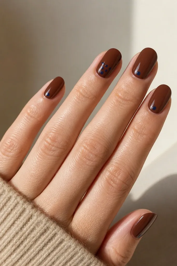 Five nails: all have a glossy chocolate-brown base. On the ring finger there is a cluster of 6 navy dots in a tight triangle. The other nails have a single navy dot near the cuticle.
