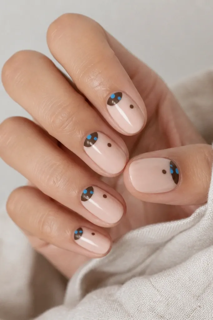 Each nail has a nude base. At the cuticle, there's a half-moon painted in brown. Over the half-moon are 3 small blue dots. The rest of the nail has one stray brown dot near the side.