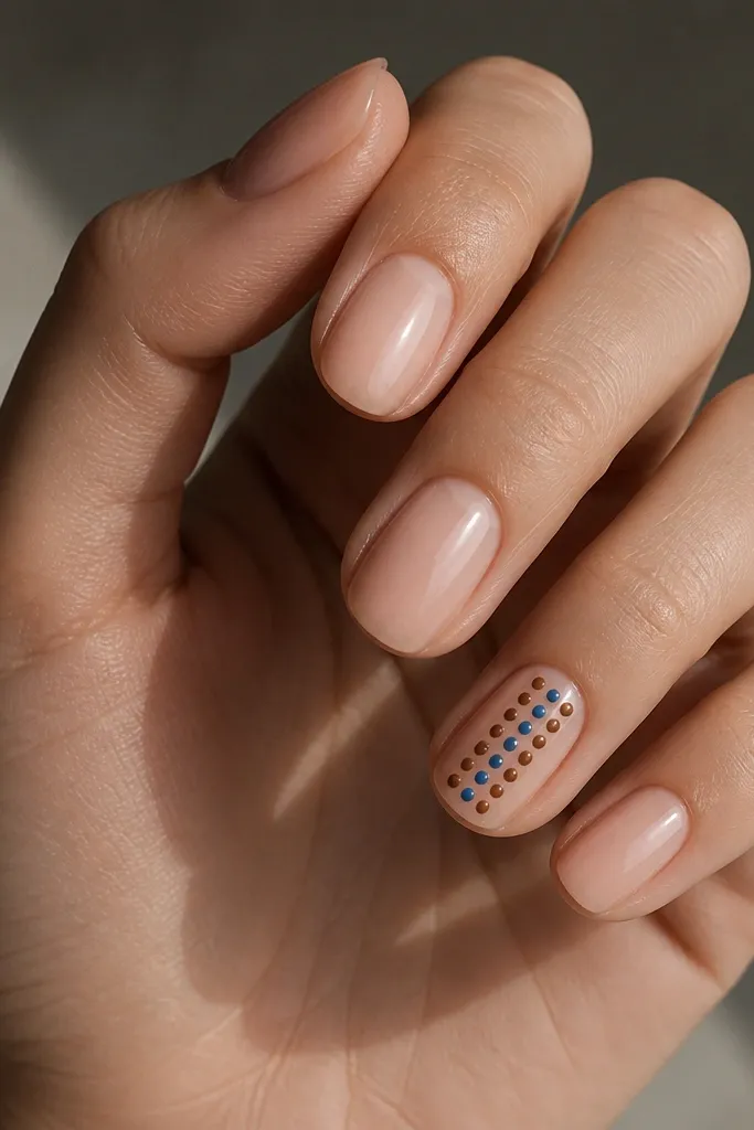 Nude base on all nails. On the thumb and ring finger, there's a rectangle of dots centered on the nail: alternating brown and blue circles. The dots sit inside a thin nude border frame.