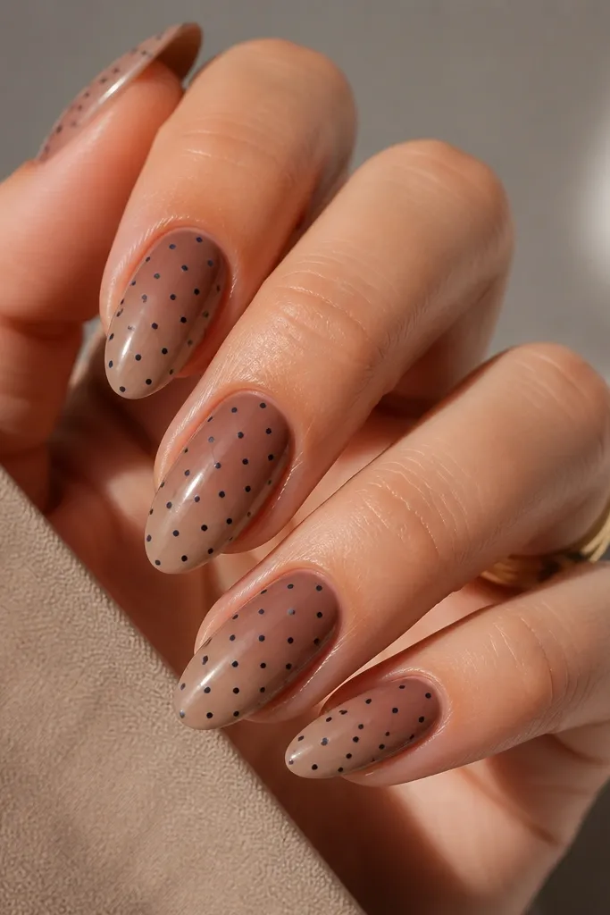 A soft ombre from warm brown near the cuticle to lighter taupe toward the tip. Over the whole nail are tiny navy polka dots spaced evenly.