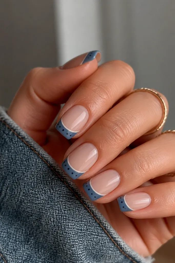 French tips are painted denim blue. Between the nude base and the blue tip there's a thin white line. Brown dots sit on the blue tip, mostly centered.