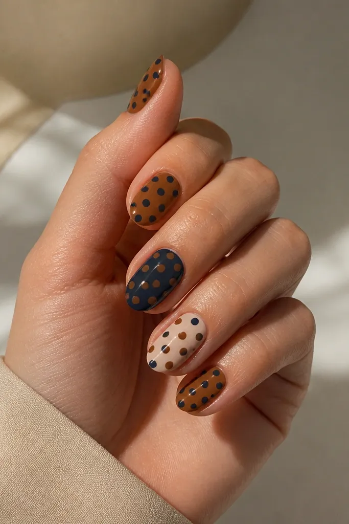Each nail has a different base color: two nails have warm brown base with navy dots, two nails have navy base with brown dots, and one nail has nude base with both colors alternating dots.