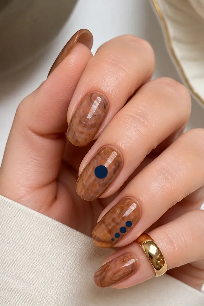 Nails have a swirled brown marble effect in glossy finish. One nail has a single large navy polka dot centered; another has three smaller navy dots near the side.