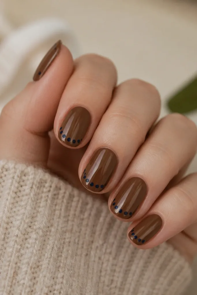 Nails have a glossy brown base. Near the tip, there's a band of navy dots that curves slightly like a reverse French line.