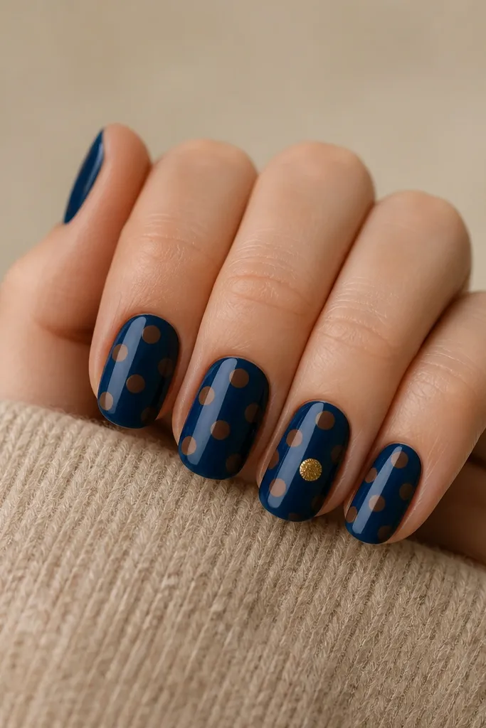 All nails are navy blue. Each nail has brown polka dots. On the ring finger, one of the dots is replaced with a gold glitter dot.
