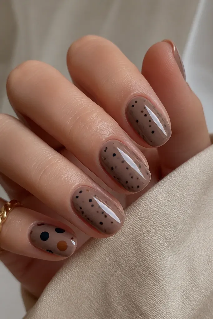 A taupe-brown base with a semi-gloss finish. Small navy and brown dots are scattered randomly across all nails, with one nail having slightly larger dots.