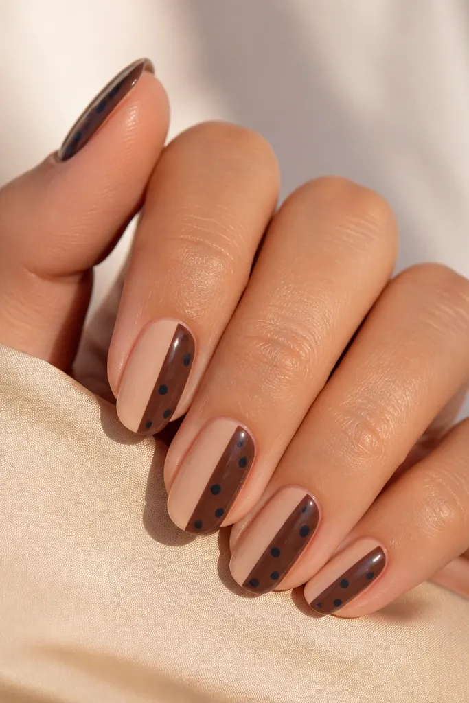 Nails split vertically: one side is nude, the other side is chocolate brown. On the brown side there are navy polka dots; the nude side stays clean.