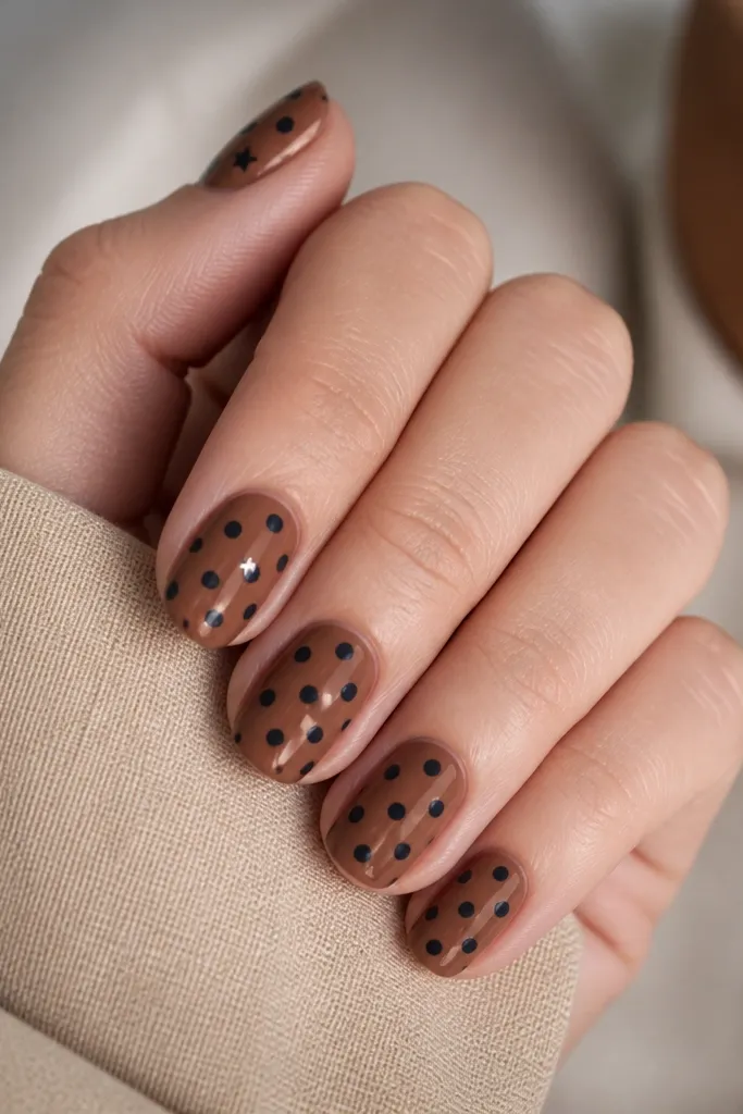 Brown base on all nails with navy polka dots scattered. On the index finger, a few of the navy circles are replaced with tiny star shapes drawn in navy.