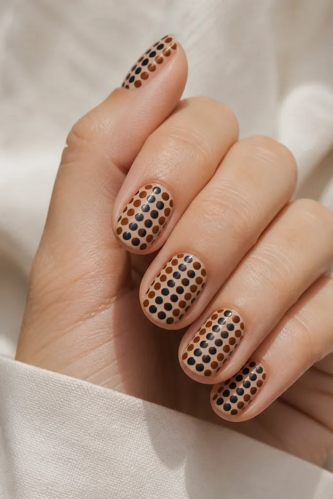 A checker-like pattern made from dots: alternating navy and brown circles in a grid across each nail. The background is nude, with the dots tightly packed.