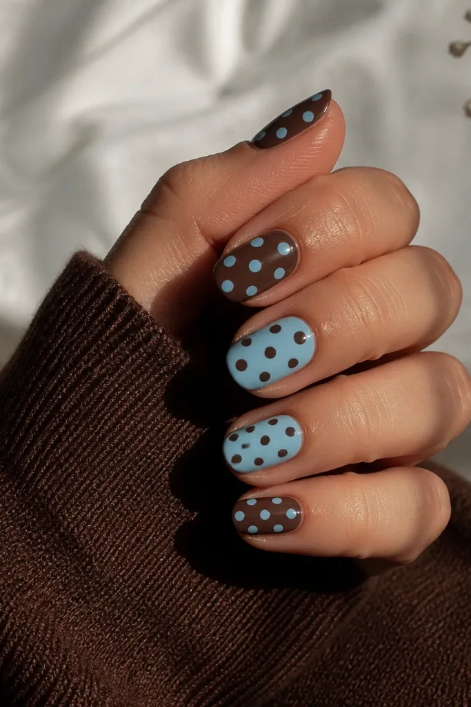 Budget Brown and Blue Polka Dot Nails